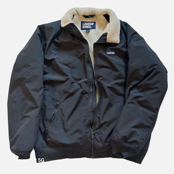 Lands End Mens Black Sherpa-Lined Jacket L/T Nylon Exterior Polyester Lining War - Picture 1 of 7